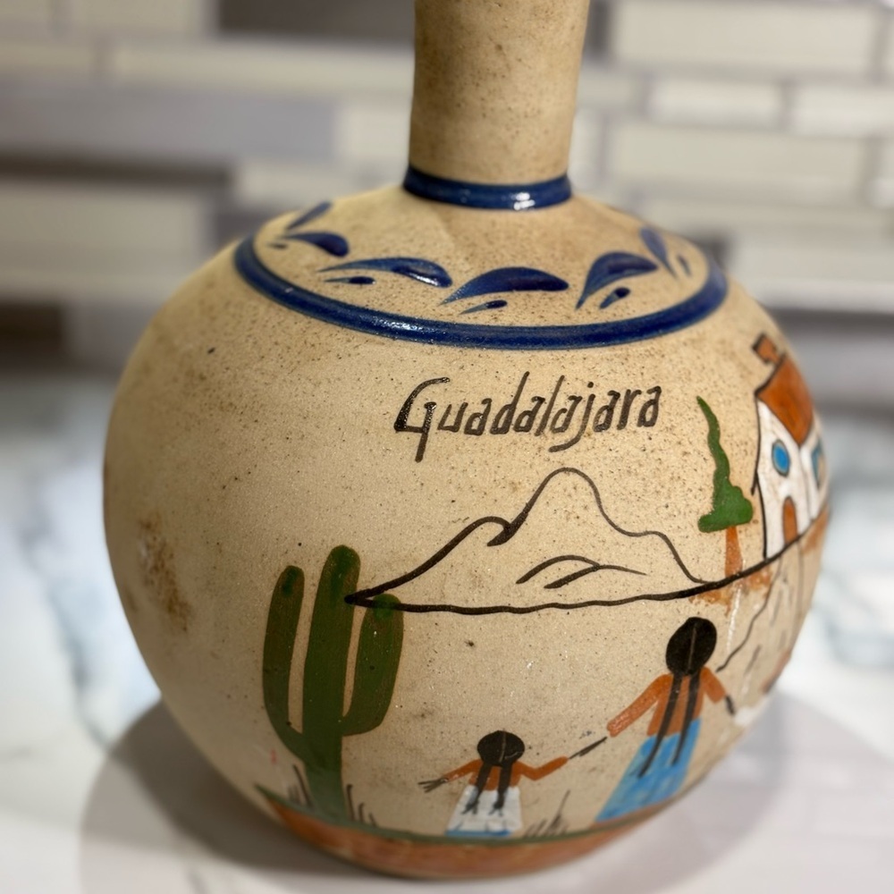 Authentic Vintage Guadalajara Mexican Folk Art Vase with Hand-Painted Design